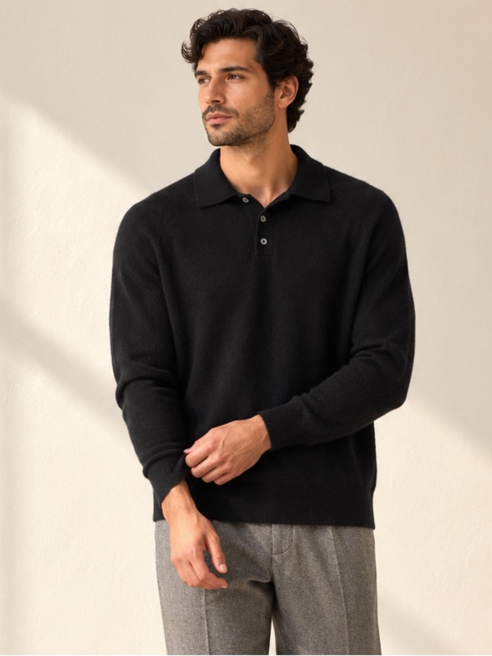 Christian Lacroix Black Wool Knit Polo Sweater Sz XL Heritage Quiet Luxury